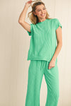 Blue Solid Corded Short Sleeve T Shirt and Wide Leg Pants Set