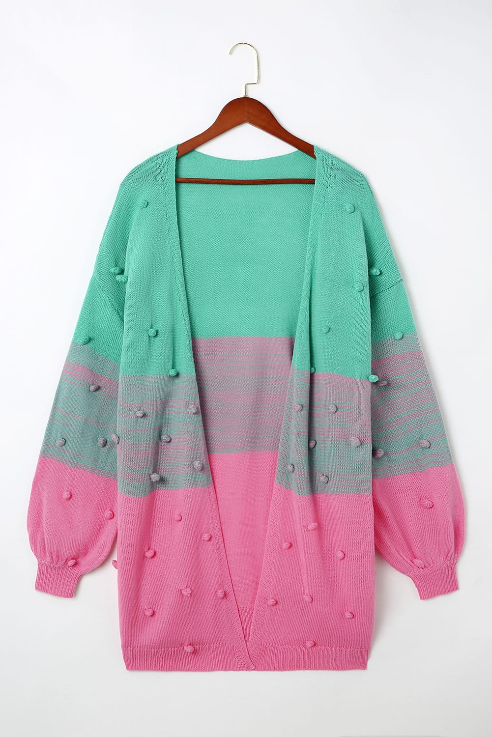 Multicolor Pompom Color Block Open Front Cardigan Sweater