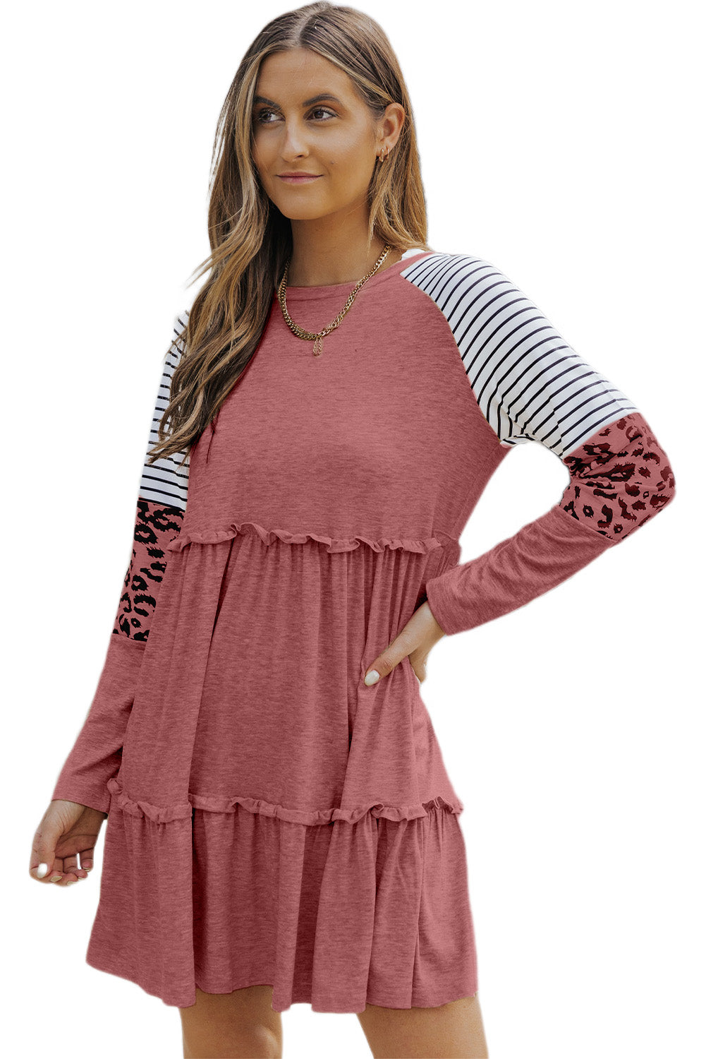 Pink Striped Leopard Patchwork Frill Long Sleeve Short Dress