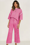 Navy Blue Loose Contrast Trim Half Sleeve Top and Drawstring Pants Set