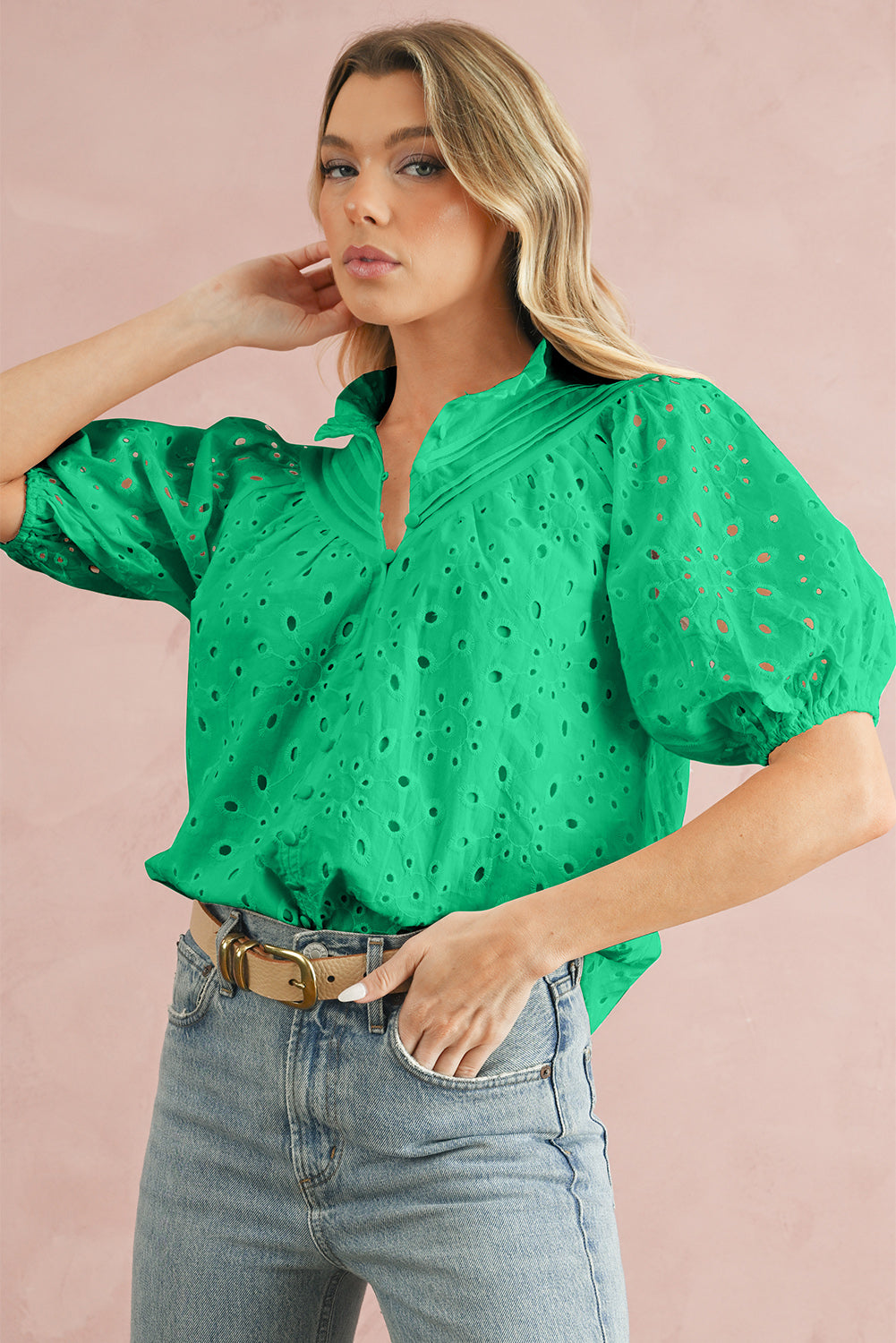 Bonbon Hollow-out Flower Embroidered Short Puff Sleeve Blouse