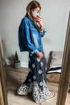 Black Bohemian Print Drawstring Waist Plus Size Wide Leg Pants