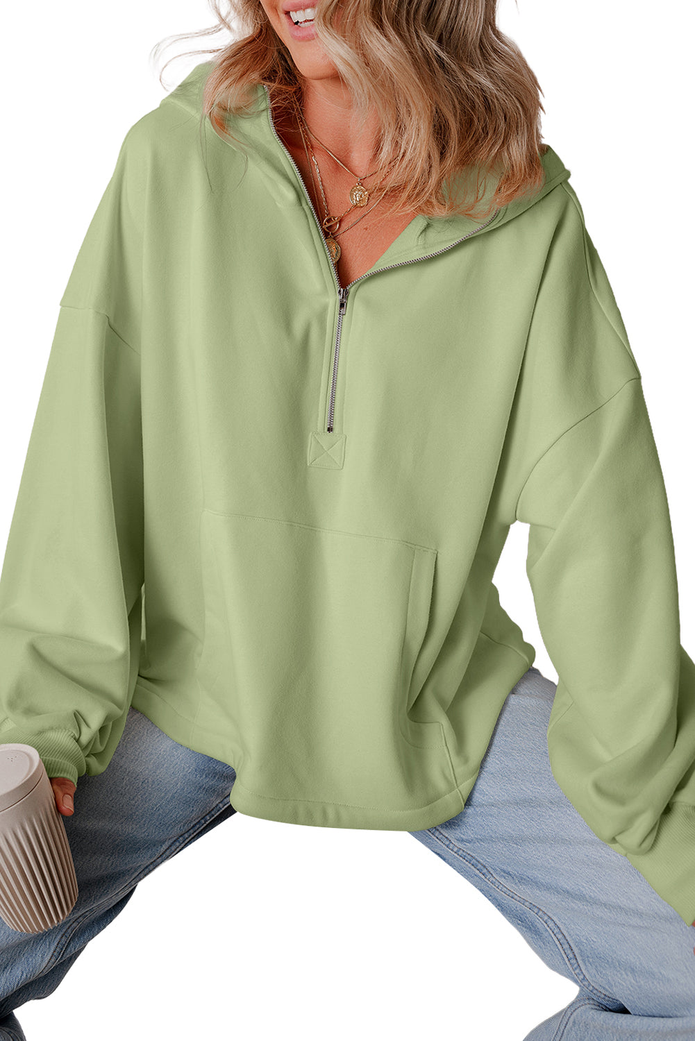 Smoke Green Half Zipper Kangaroo Pockets Drop Shoulder Hoodie