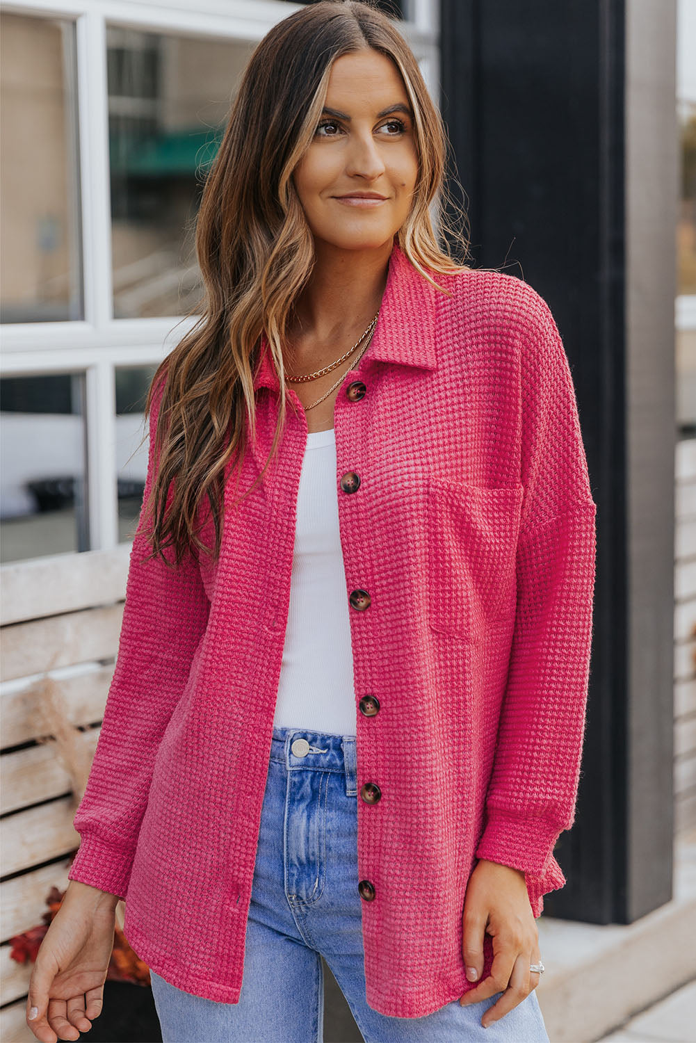 Hot Pink Pocket Buttons Front Waffle Knit Shacket