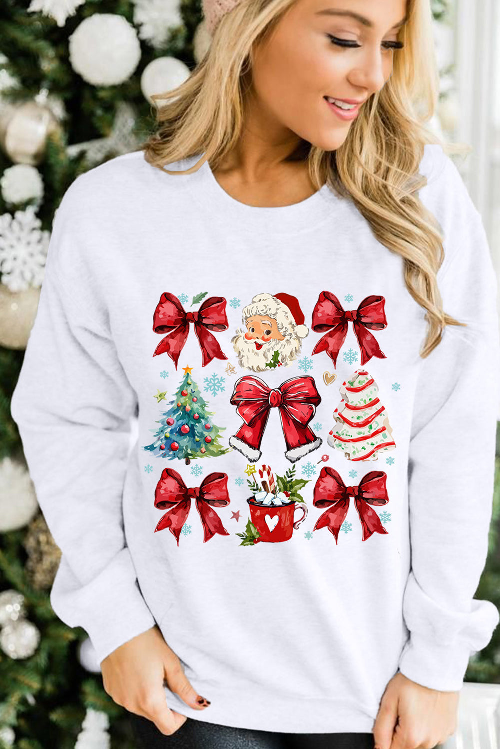 Beige Christmas Tree Bowknot Santa Clause Graphic Sweatshirt