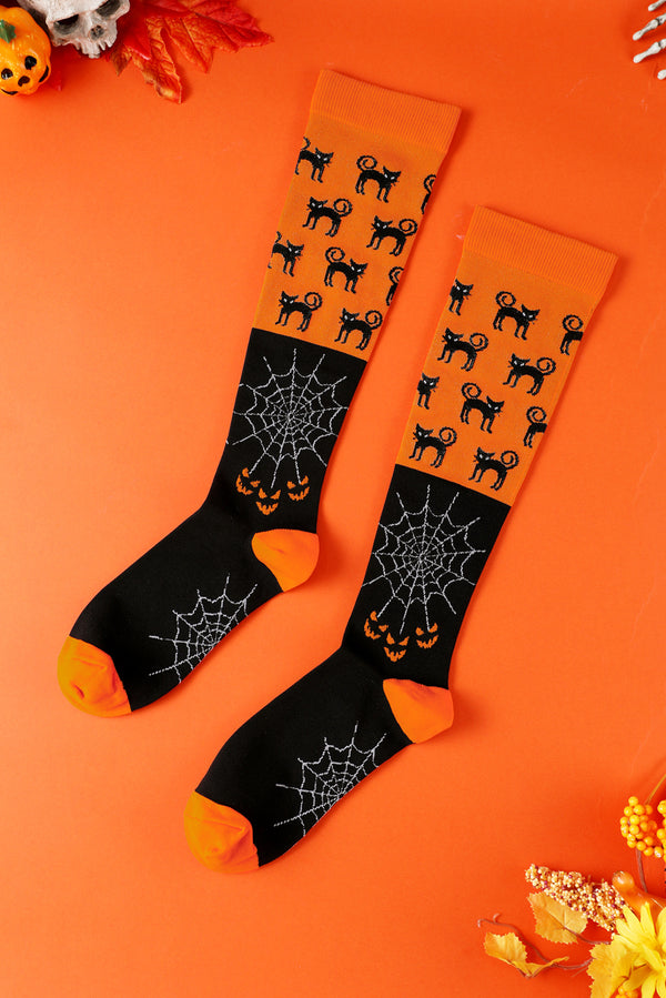 Orange Funny Cat & Web Pattern Halloween Compression Socks