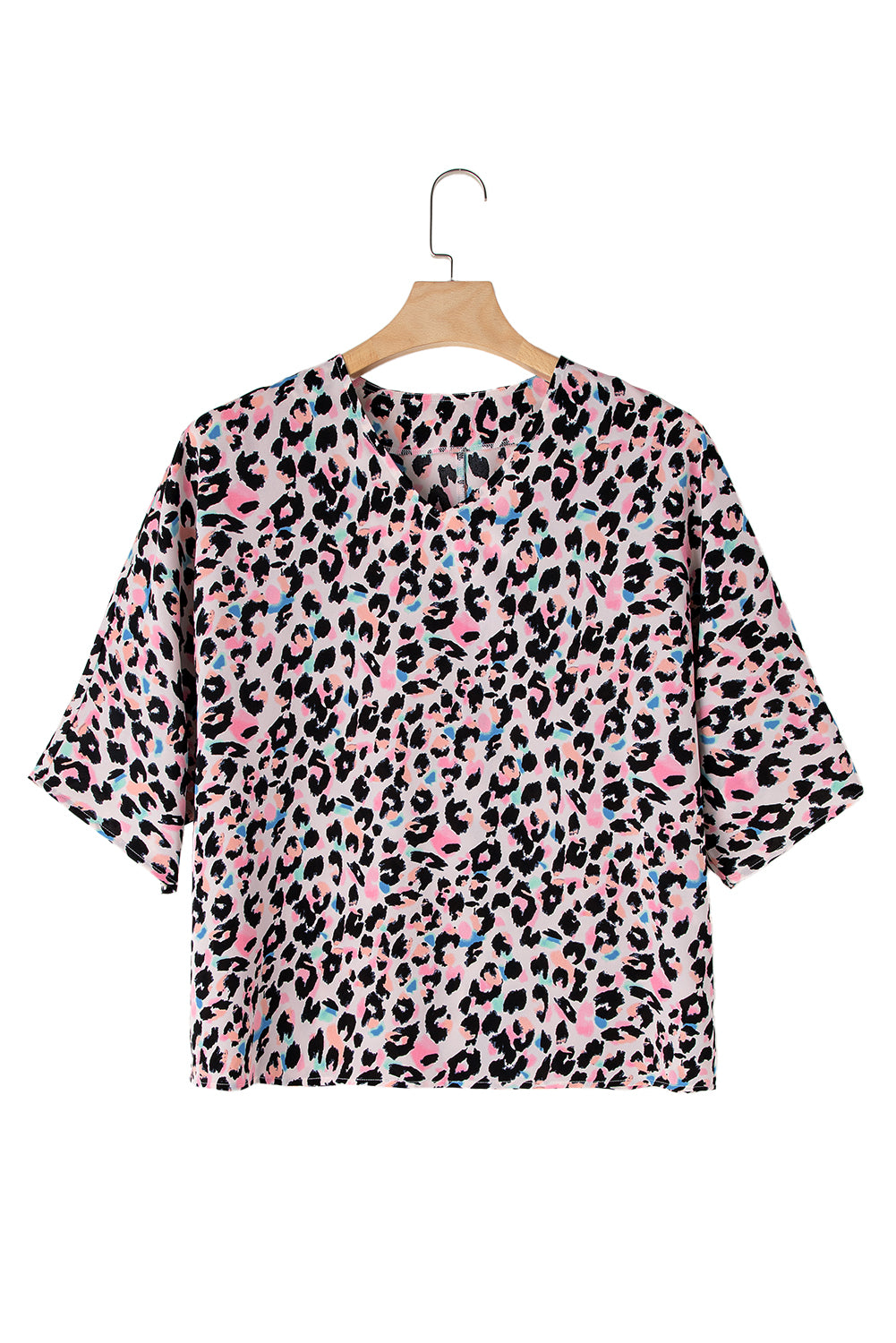 Pink Mixed Leopard Print V Neck Oversized Blouse