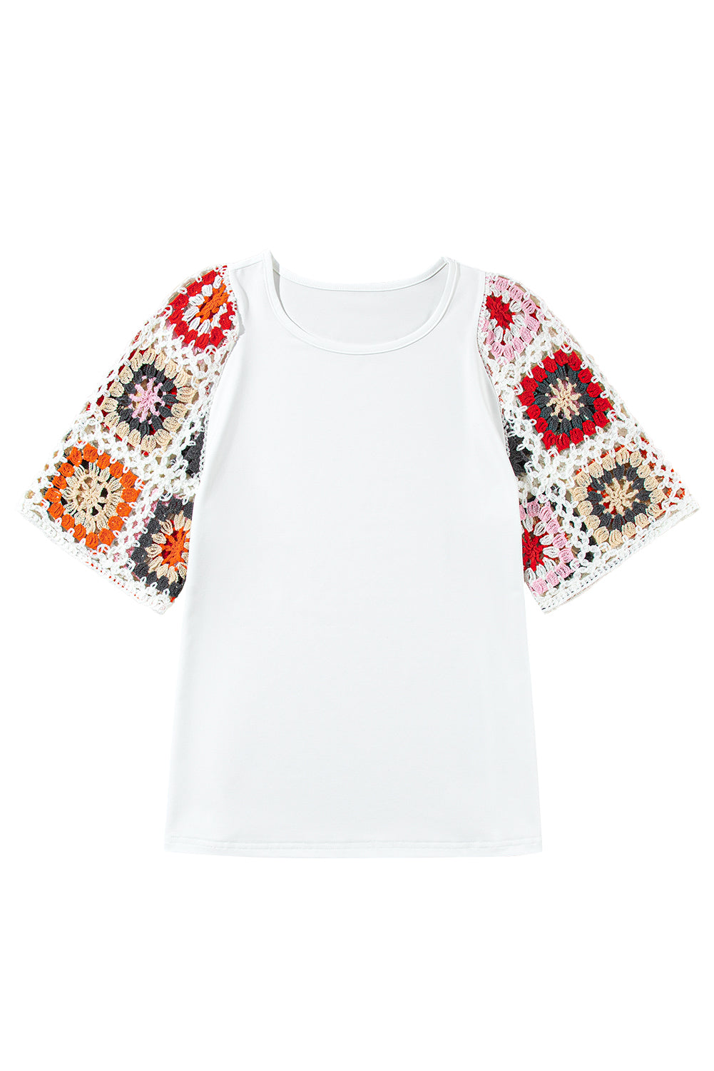 White Floral Hollowed Crochet Sleeve Boho T Shirt