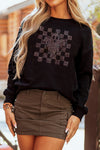 Black Rhinestone Checkered Halloween Ghost Drop Shoulder Sweatshirt