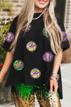 Black Sequin Mardi Gras Side Slits Oversized Graphic Tee