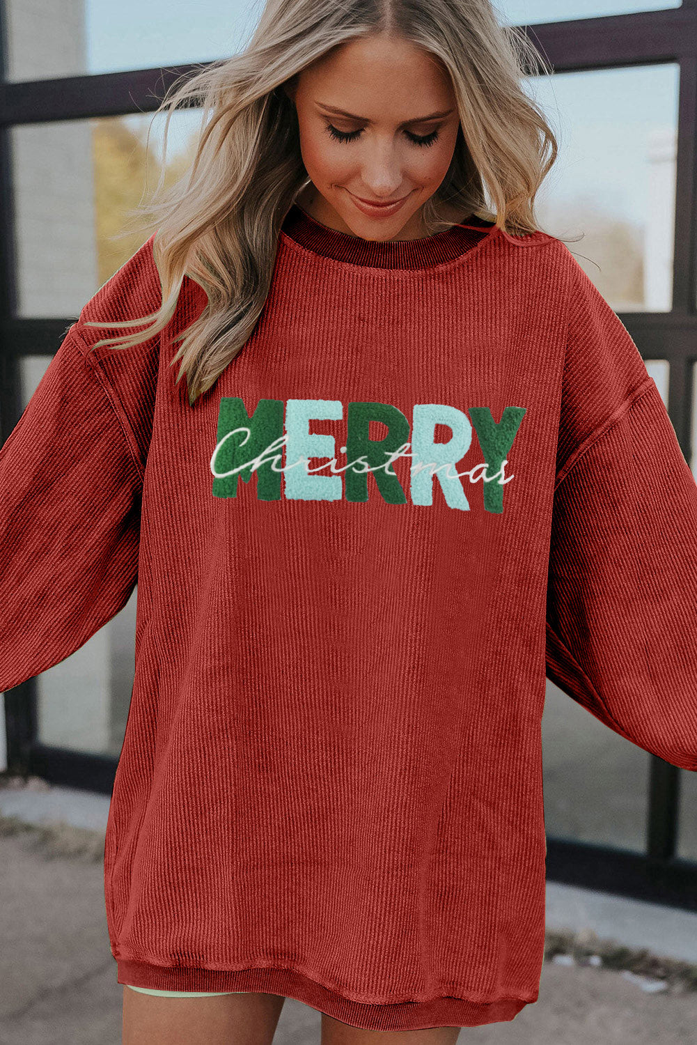 Racing Red Corded MERRY Christmas Letter Graphic Sweatshirt