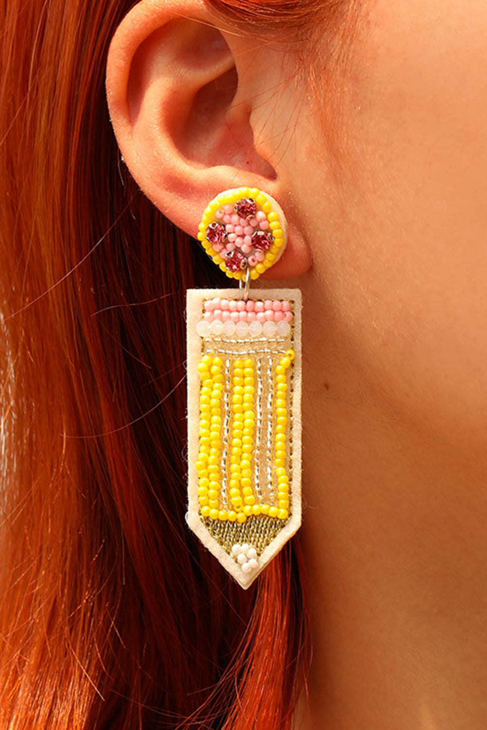 Yellow Beaded Pencil Dropping Earrings