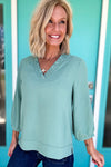 Moonlight Jade Frill V Neckline Puff Sleeve Crinkled Blouse