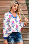 White Floral Print Pop of Color V-neck Long Sleeve Blouse