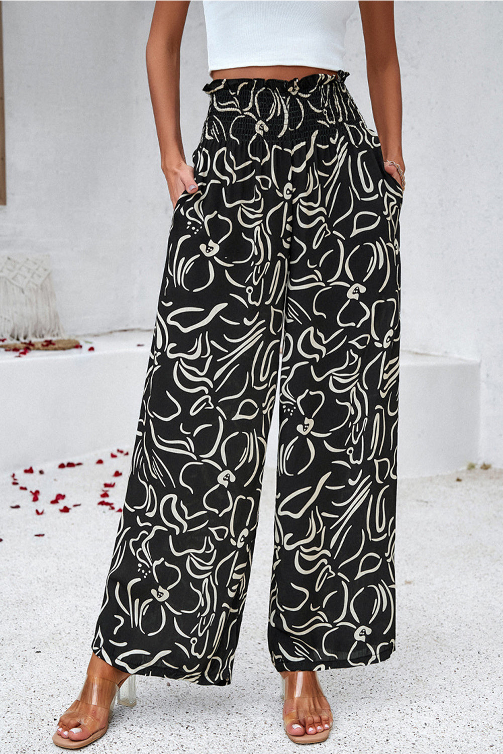 Black Boho Floral Print Elastic Waist Frill Pants