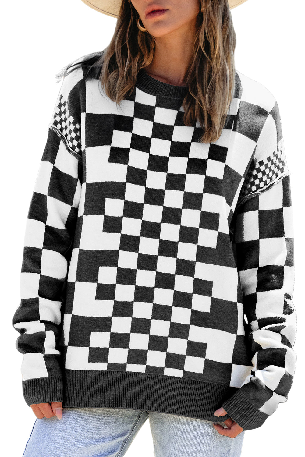 Carrot Checkered Drop Shoulder Round Neck Sweater