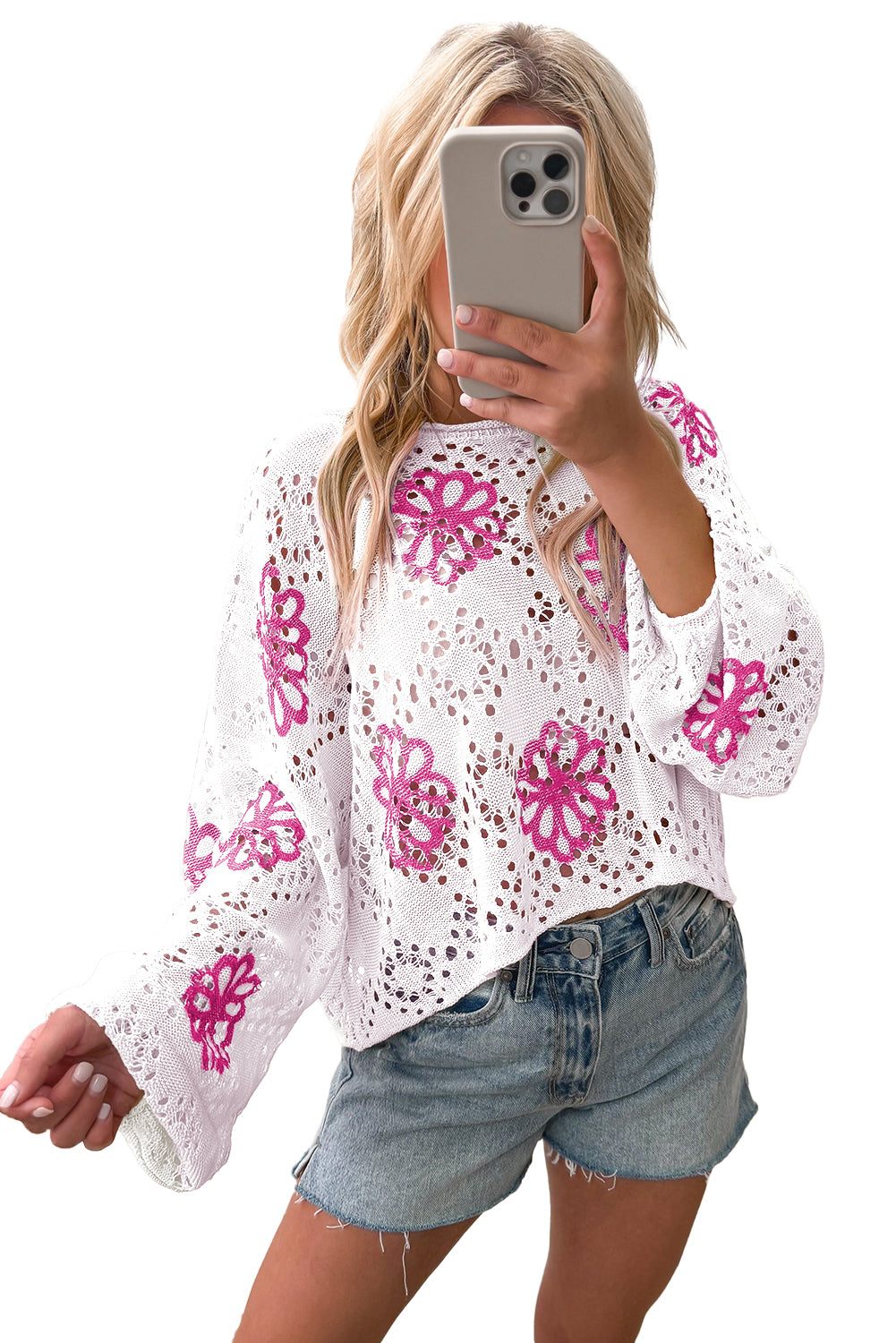 White Flower Print Drop Shoulder Hollow Knit Sweater