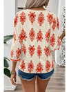 Beige Abstract Print Puff Sleeve V Neck Blouse