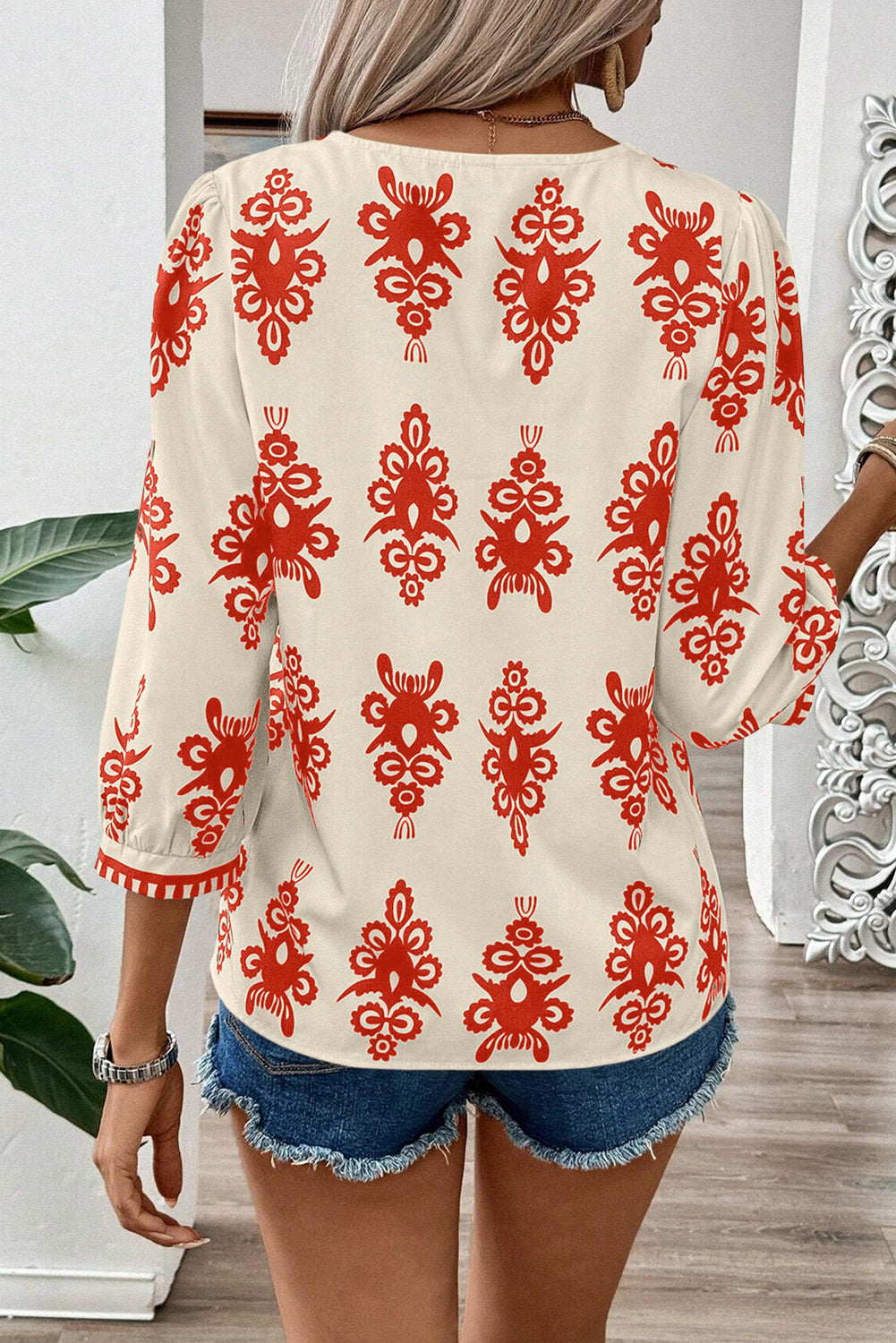 Beige Ethnic Abstract Print Puff Sleeve V Neck Blouse