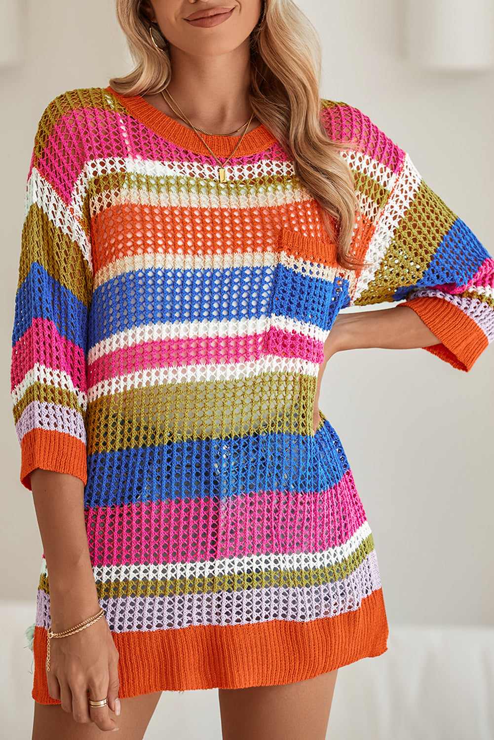 Pink Striped Color Block Hollow Crochet 3/4 Sleeve T Shirt