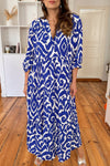 Blue Abstract Print V Neck Tiered Maxi Dress