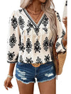 Beige Abstract Print Puff Sleeve V Neck Blouse