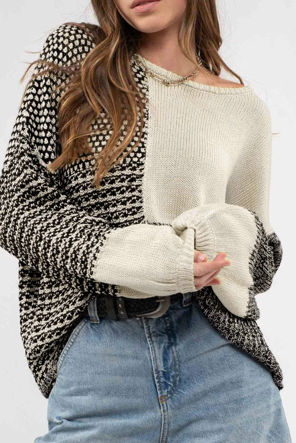 Pink Colorblock Tie Back Drop Shoulder Knit Sweater