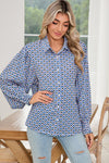 Sky Blue Abstract Print Collared Lantern Sleeve Shirt