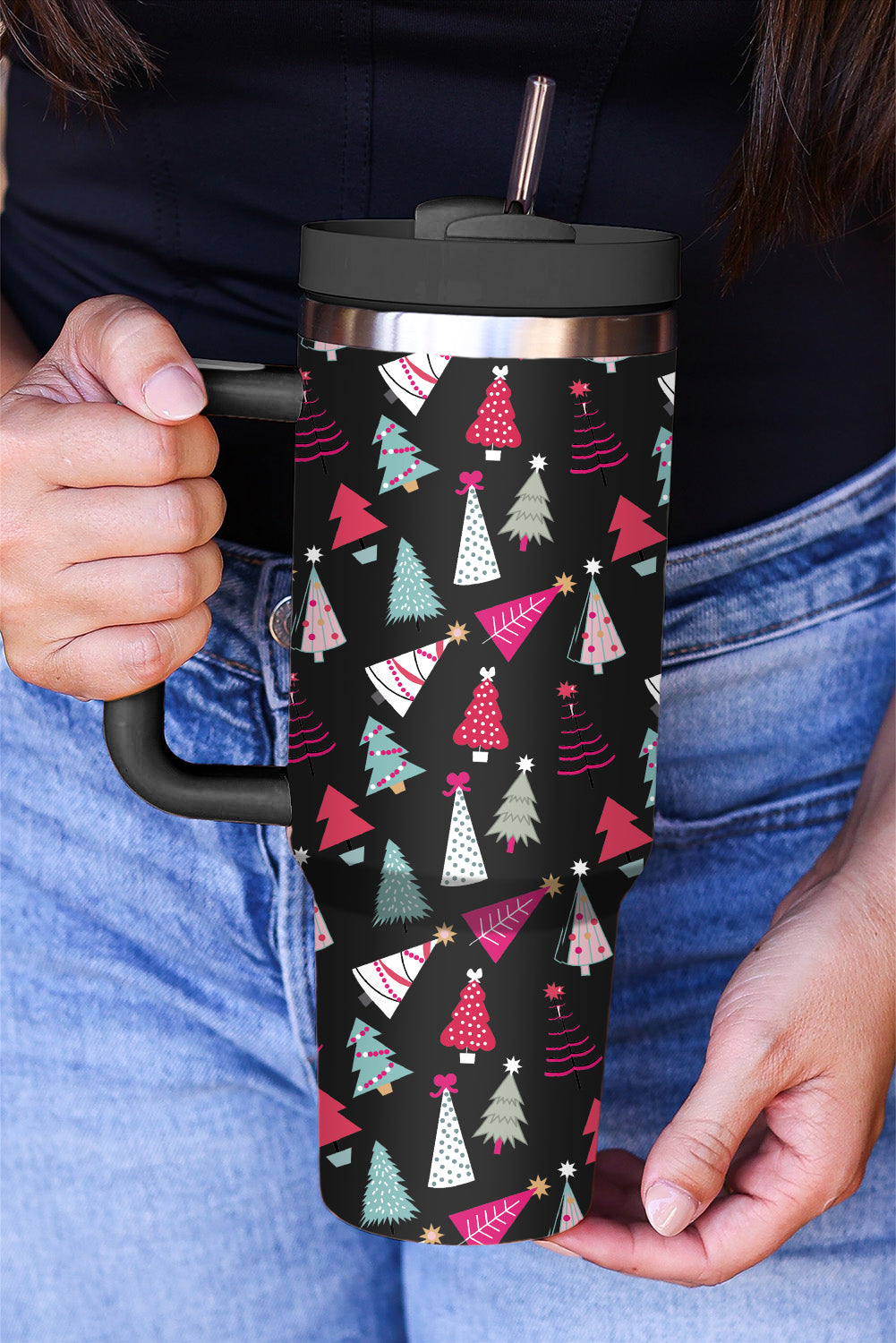 Rose Red Cartoon Christmas Tree Printed Thermos Cup