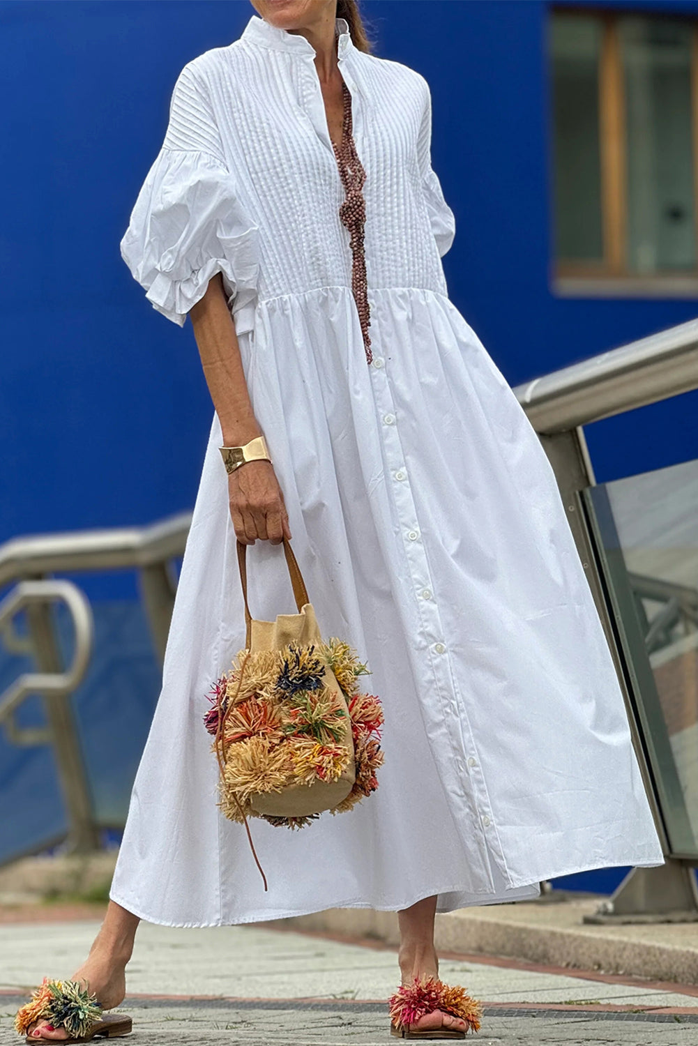 White Plain Puff Sleeve Pleated V Neck Maxi Dress