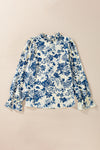 Rose Floral Print Flounce Sleeve Keyhole Back Blouse