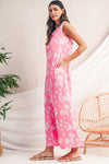 Pink Floral Print Sleeveless Wide Leg Jumpsuit