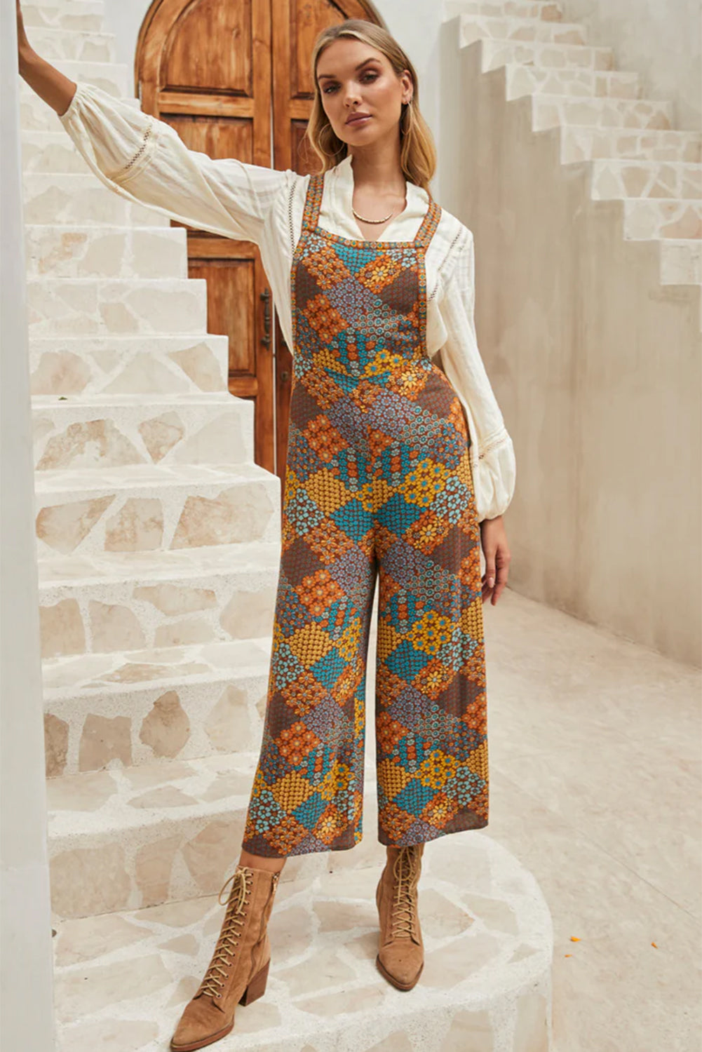 Multicolour Boho Floral Print Cropped Wide Leg Overalls