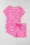 Pink Leopard Print Drawstring Shorts Loungewear Set