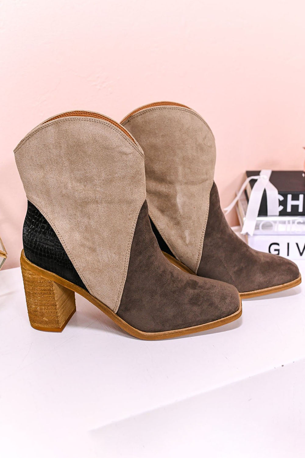 Carbon Grey Colorblock Suede Heeled Ankle Booties