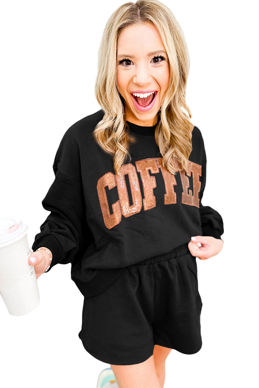 Black Sequins COFFEE Loose Fit Sweatshirt and Shorts Set