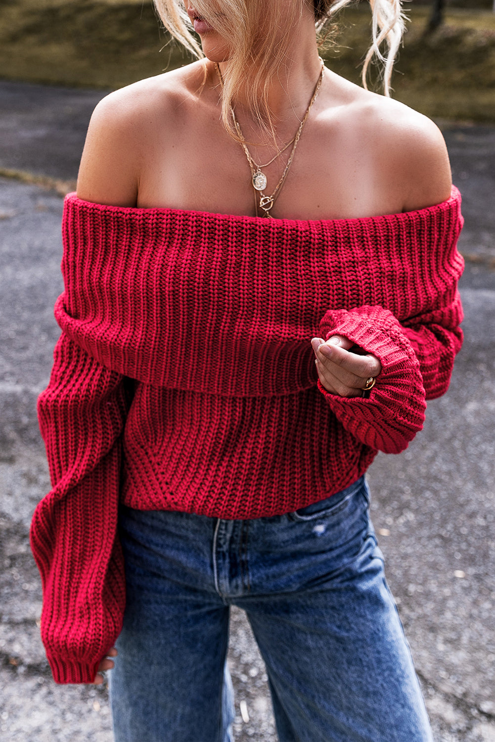 Racing Red Off Shoulder Ribbed Knit Sweater