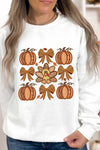 White Cute Turkey Fall Pumpkin Bow Heat Transfer Printing Drop Shoulder Sweatshirt