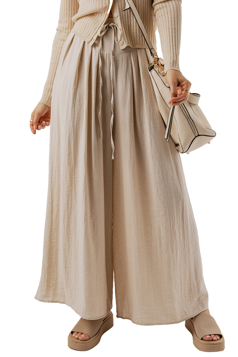 Beige Casual Lace-up Waist Pleated Wide Leg Pants