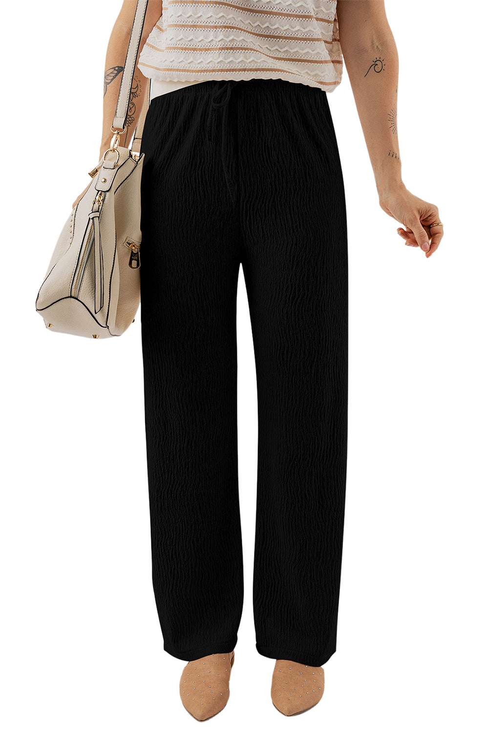 Black Solid Color Textured Loose Drawstring Pants