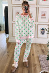 Green Bow Christmas Tree Print Contrast Striped Trim 2pcs Lounge Set