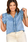 Dusk Blue Ruffled Sleeve Button Up Frayed Plus Size Denim Top