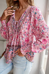 Blouses Pink Boho Floral Print Lace Up V Neck Smocked Sleeve Blouse.