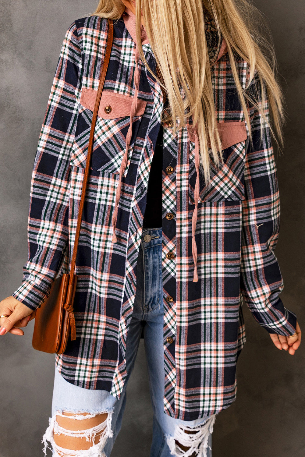 Pink Plaid Contrast Hooded Drawstring Shacket