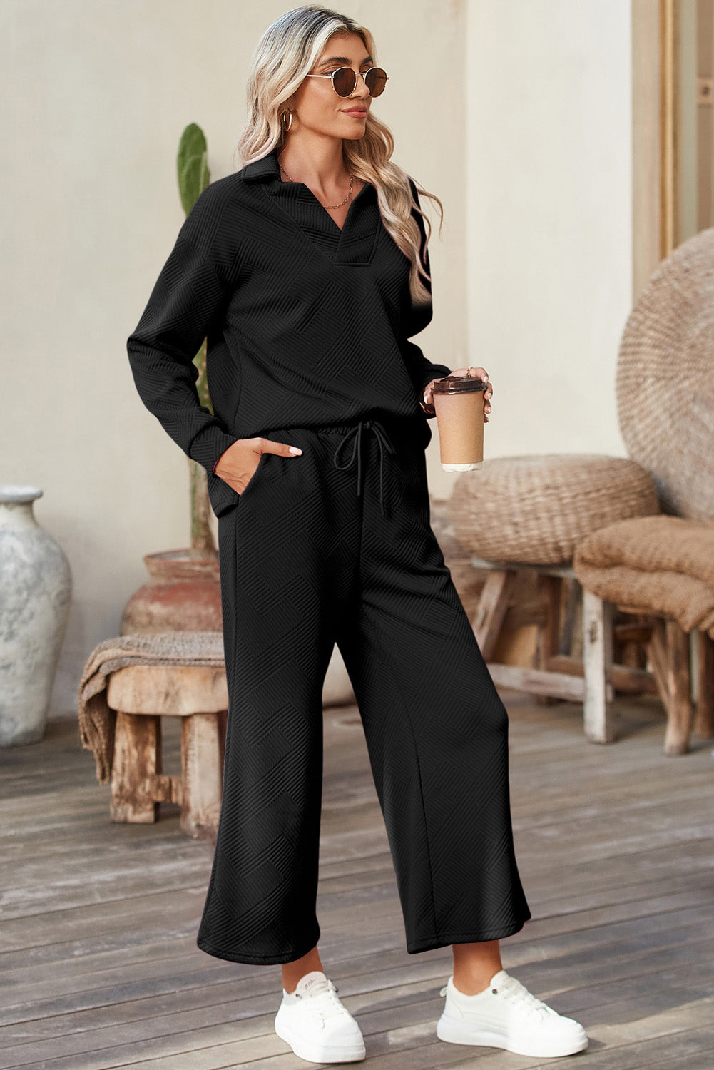 Bonbon Solid Textured Collared V Neck Top and Wide Leg Pants Set