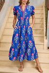 White Floral Ruffle Hem Pop of Color Neckline Dress