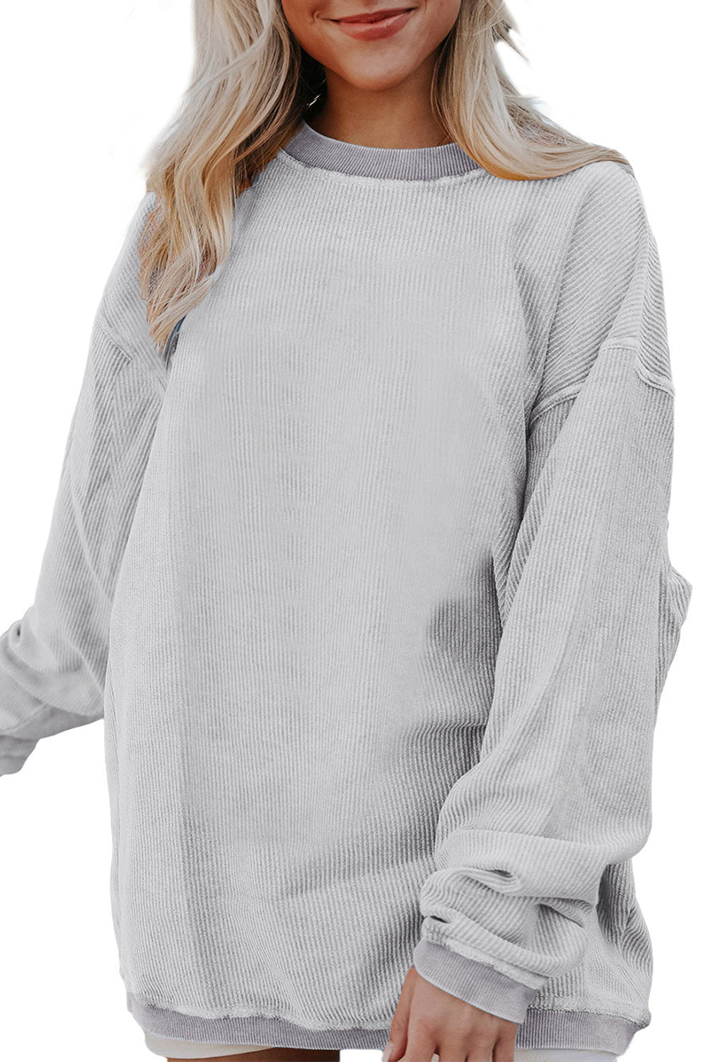 Smoke Gray Plain Drop Sleeve Crinkle Rib Oversized Sweatshirt