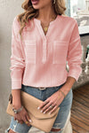 Gossamer Pink Split V-neck Solid Color Blouse