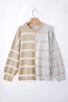 Light Beige Striped Colorblock Drop Shoulder Sweater