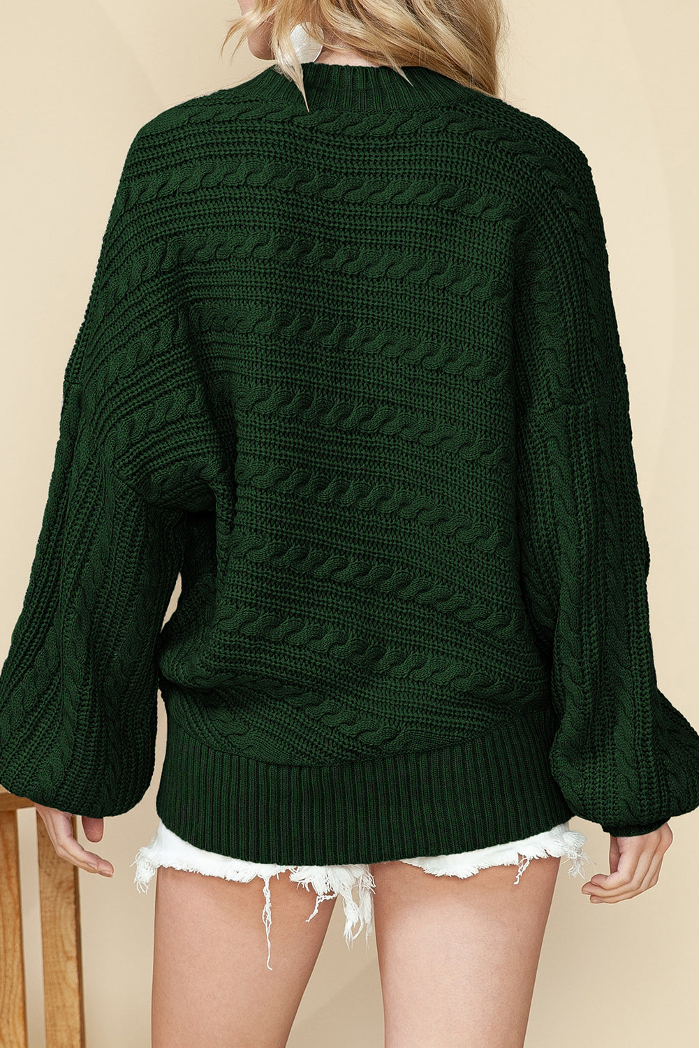 Blackish Green Mock Neck Lantern Sleeve Cable Knit Sweater